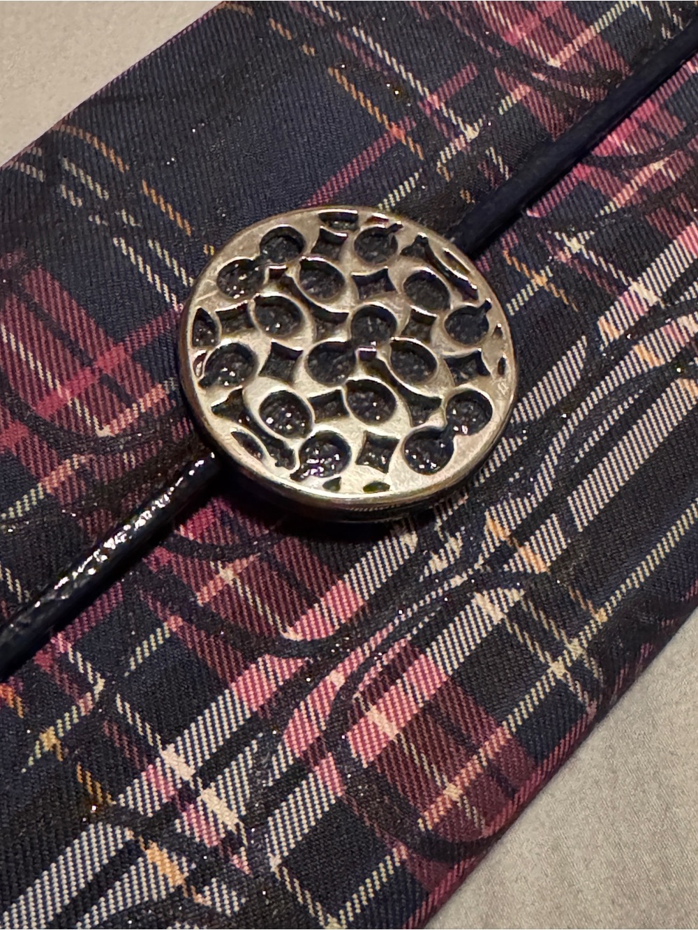 A Coach Plaid Trifold Wallet with Decorative Silver Signature Medallion - Picture 2 of 11
